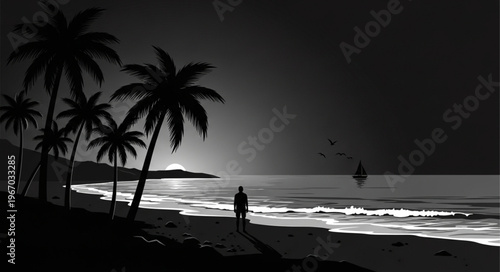 Lone figure walks along a dark tropical beach at night.