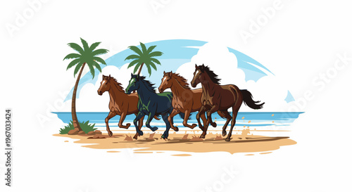 Four horses gallop along a tropical beach under a bright sky