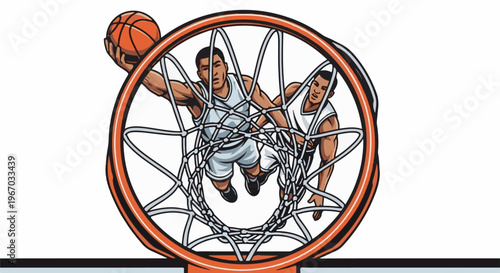 Dynamic illustration of basketball players in mid-air within a hoop
