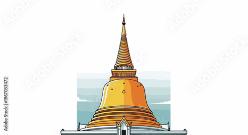 Golden stupa with intricate tiered spire, set against a soft blue and white sky