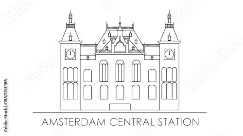 Amsterdam Central Station architectural illustration with clock towers and arched windows, presented as a clean line drawing.