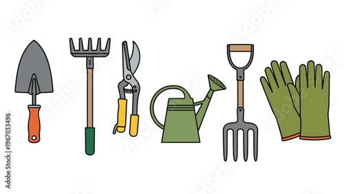 Collection of gardening tools including shovel sickle watering can rake and gloves for outdoor