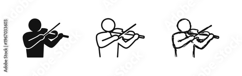 Violinist Playing Instrument Icon Set. Orchestral Violin Symbol. Musical Performance Pictogram for Concerts.