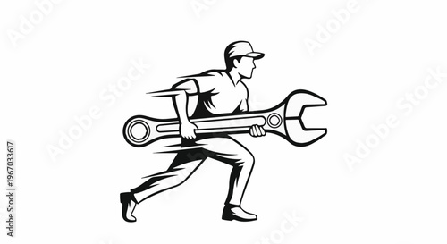 Dynamic illustration of a person in motion carrying a large wrench