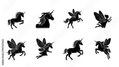 Collection of magical black silhouette unicorn and fairy images in various poses