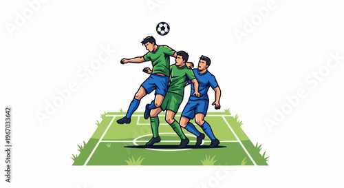 Dynamic illustration of three soccer players contesting the ball mid-air