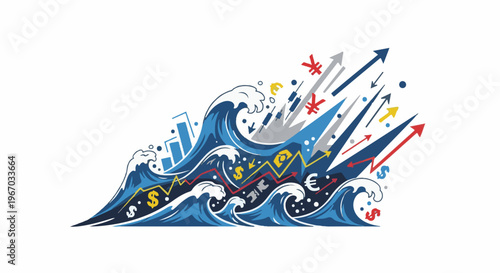 Dynamic financial growth symbolized by surging waves and upward arrows