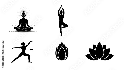 Collection of minimalist yoga and meditation icons with lotus and spiritual symbols