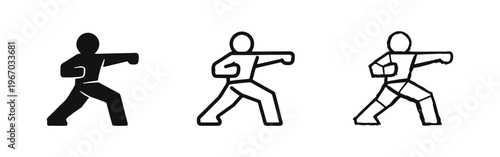 Martial Arts Punch Icon Set. Fighter Throwing a Punch Symbol. Self-Defense Pictogram for Sports and Training.