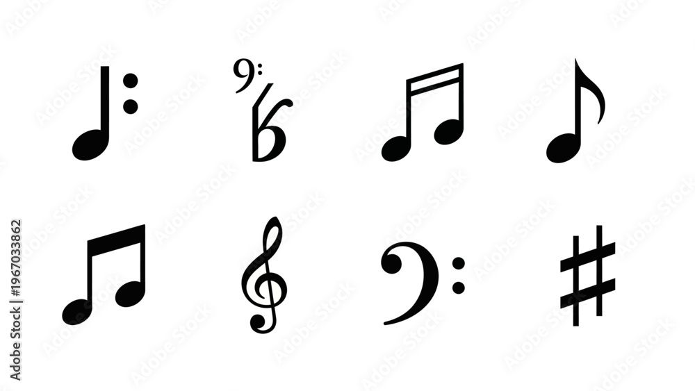 Fototapeta premium Collection of Musical Notes and Symbols in Various Styles For Music Education or Design Projects