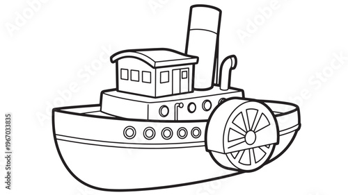 Paddlewheel steamboat outline with smokestack, windows, and portholes on a simple hull for coloring fun.
