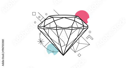 Modern geometric illustration of a sparkling diamond gemstone surrounded by abstract circles and shapes on a white background.