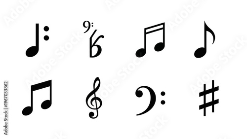 Collection of Musical Notes and Symbols in Various Styles For Music Education or Design Projects
