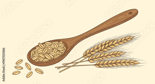 Wooden spoon filled with whole grain seeds next to several ripe wheat stalks on a light beige background for a rustic feel.