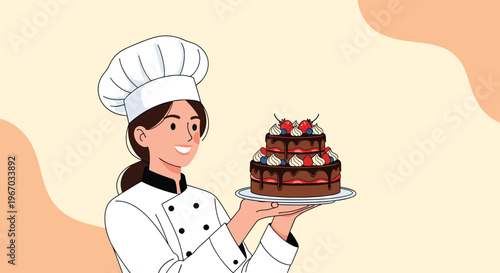Smiling female pastry chef in white uniform and hat presenting a delicious two-tier chocolate cake decorated with berries.
