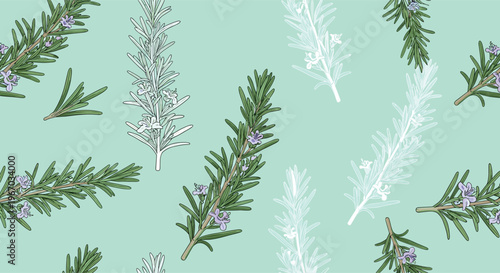 Beautiful seamless pattern featuring rosemary branches with small purple flowers over a mint green background ideal for fabric prints.