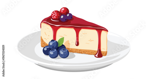 Slice of creamy cheesecake topped with sweet red berry glaze and fresh blueberries served on a clean white plate for dessert.