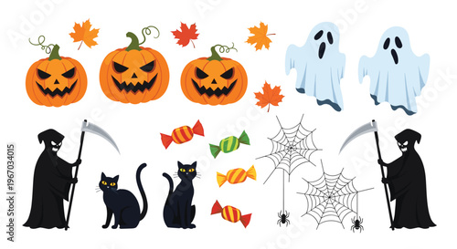 Diverse collection of Halloween icons including spooky ghosts, pumpkins, grim reapers, and treats isolated on a white background.