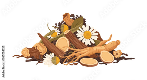 A diverse pile of natural herbal ingredients including ginseng root, bark, chamomile flowers, and leaves is scattered on a white background.