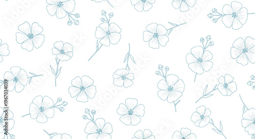 Delicate seamless pattern features small light blue flowers and thin stems scattered across a clean white surface for light designs.