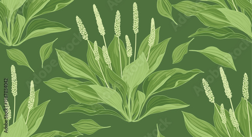 Botanical seamless pattern features lush green plantain leaves and long flower spikes rendered in a stylized hand-drawn aesthetic.