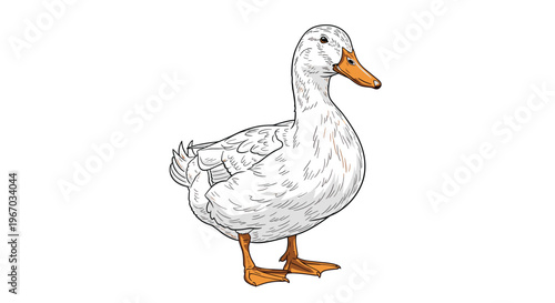 Realistic illustration of a white duck standing on its orange feet with a clear side profile view isolated on a white background.