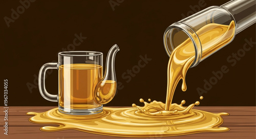 Golden liquid pouring into a glass mug with pipe attachment.