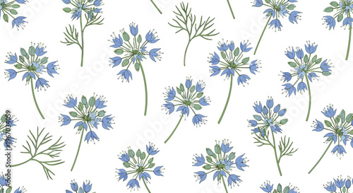 Botanical seamless pattern shows blue wild flowers with thin stems and feathery green leaves repeating on a bright white background.
