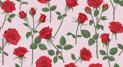 Romantic seamless pattern depicts many red roses with green leaves and stems over a soft pink background for feminine gift wrap.