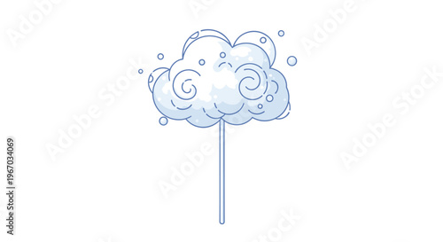 Whimsical drawing of a fluffy white cloud on a stick decorated with swirls and bubbles against a plain white background for kids.