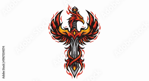 Fiery phoenix embraces a sharp, ornate sword with glowing embers