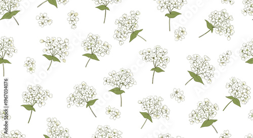 Elegant seamless pattern with small clusters of white flowers and green leaves on a white background suitable for spring textiles.