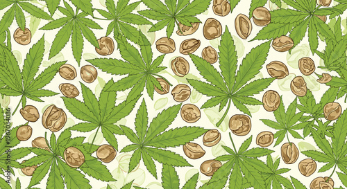 Botanical seamless pattern features green cannabis leaves and scattered hemp seeds on a light ivory background for wellness products.