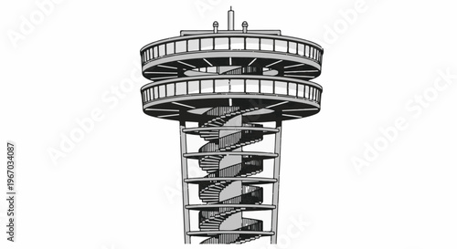 Futuristic tower with open spiral staircases and elevated platforms