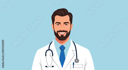 Professional portrait of a smiling male doctor with a beard wearing a white lab coat and a stethoscope around his neck for healthcare.
