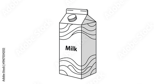 Minimalist line art illustration of a milk carton with waves design and the word milk on a white background with grey shadows.