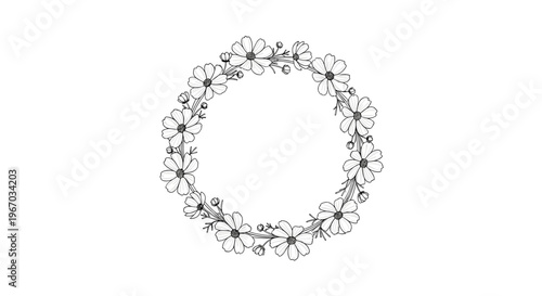 Delicate circular floral wreath made of fine black line drawings of flowers and buds is ideal for wedding invitations and stationery.