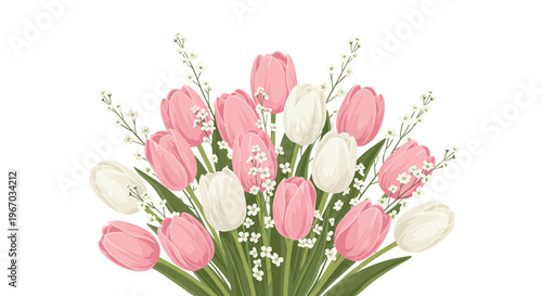 Beautiful arrangement of pink and white tulips mixed with tiny white flowers and green leaves makes a lovely spring floral bouquet.