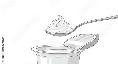Grayscale illustration shows a silver spoon scooping creamy white yogurt from a small plastic container on a clean white background.