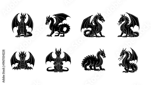 Collection of stylized black dragon illustrations showing various postures and designs perfect for