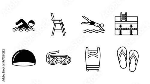 Collection of swimming, diving, lifeguard, and pool safety icons in black and white design