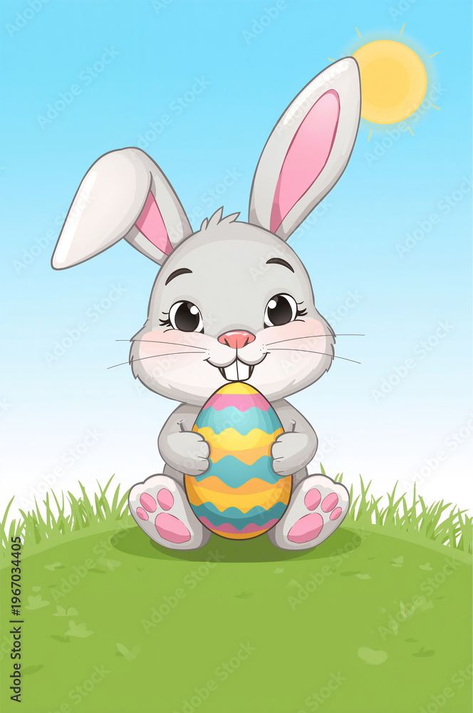 Fototapeta premium Cute bunny holds colorful Easter egg