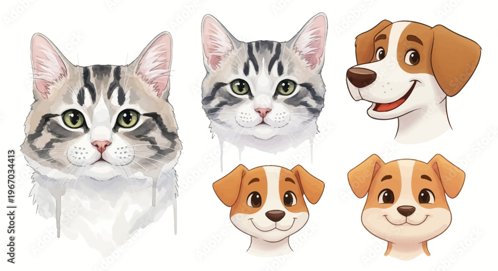 Fototapeta premium Cute cat and dog faces in playful digital illustrations