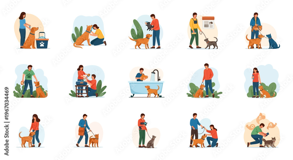 Fototapeta premium People interacting with dogs in various playful and caring moments