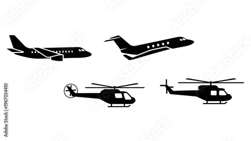 Collection of Various Aircraft and Helicopter Silhouettes in Black and White