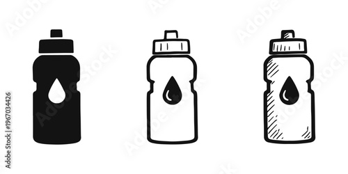 Water bottle icon set with drop symbol. Hydration, sport, fitness, and health beverage container signs.
