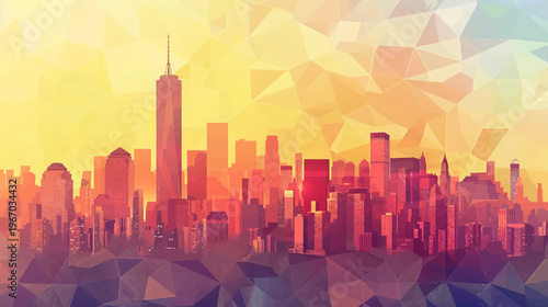 Abstract geometric skyline silhouette against warm sunset illustration