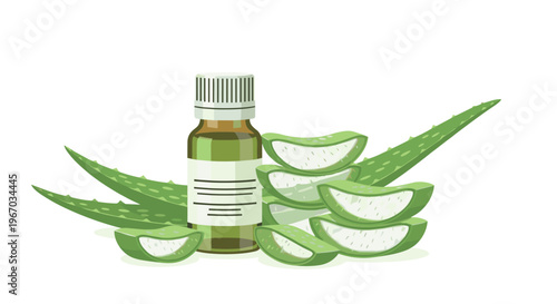 A small brown glass dropper bottle with a white cap is positioned next to sliced and whole aloe vera leaves on a white background.