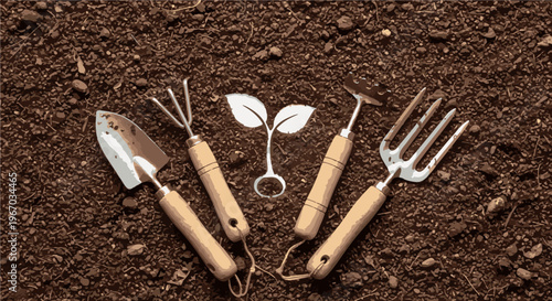Garden tools arranged on soil with a seedling graphic
