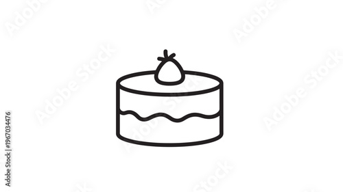 Cake icon with strawberry topping and wavy frosting detail in simple black outline featuring pastry, dessert, food with fruit and sweet elements for